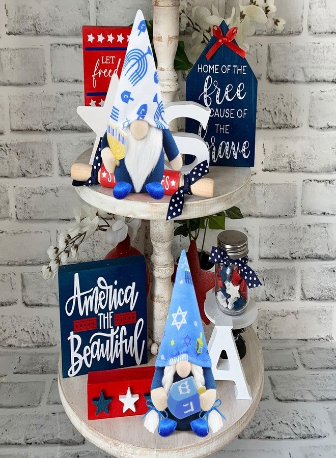 Gehydy Set of 2 Hanukkah Gnomes Chanukah Christmas Decoration Gnome Handmade Scandinavian Tomte Xmas Decor for Home Kitchen Tiered Tray - White & Blue - Image 3